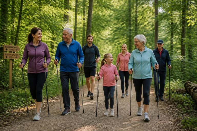 Vier ältere Menschen joggen fröhlich in einem Park. Bäume umgeben den Weg.