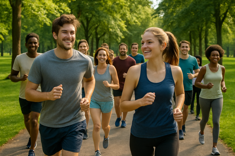 Eine Gruppe von Menschen joggt lächelnd in einem Park.