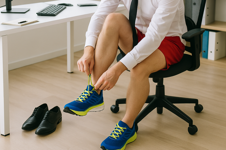 Person zieht Sportschuhe an, während er auf einem Bürostuhl sitzt.
